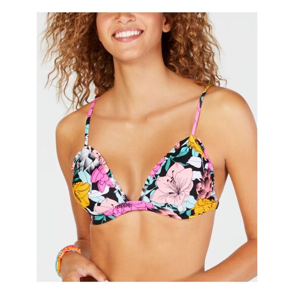 HULA HONEY Other - HULA HONEY Women's Black Stretch Ruffled Tie Back Flowervescent Swimsuit Top XL